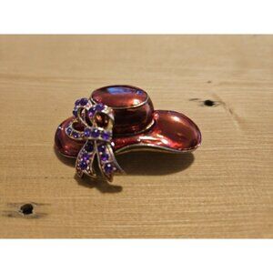 Hat‎ Pin Brooch Purple Rhinestone Bow Red Enamel Gold Tone VINTAGE